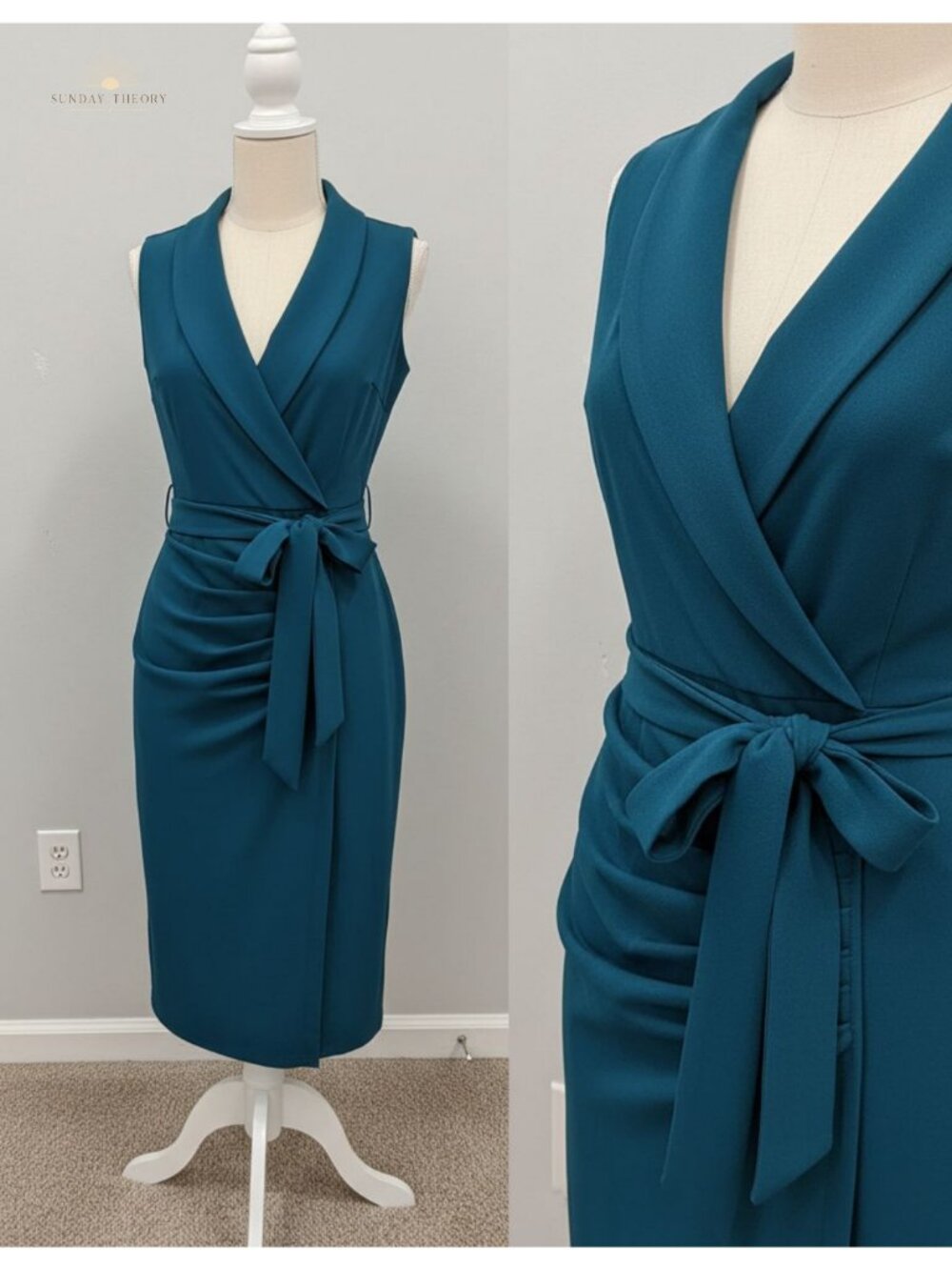 Bodycon Sleeveless Midi Dress with Waist Belt - Ruched V-Neck